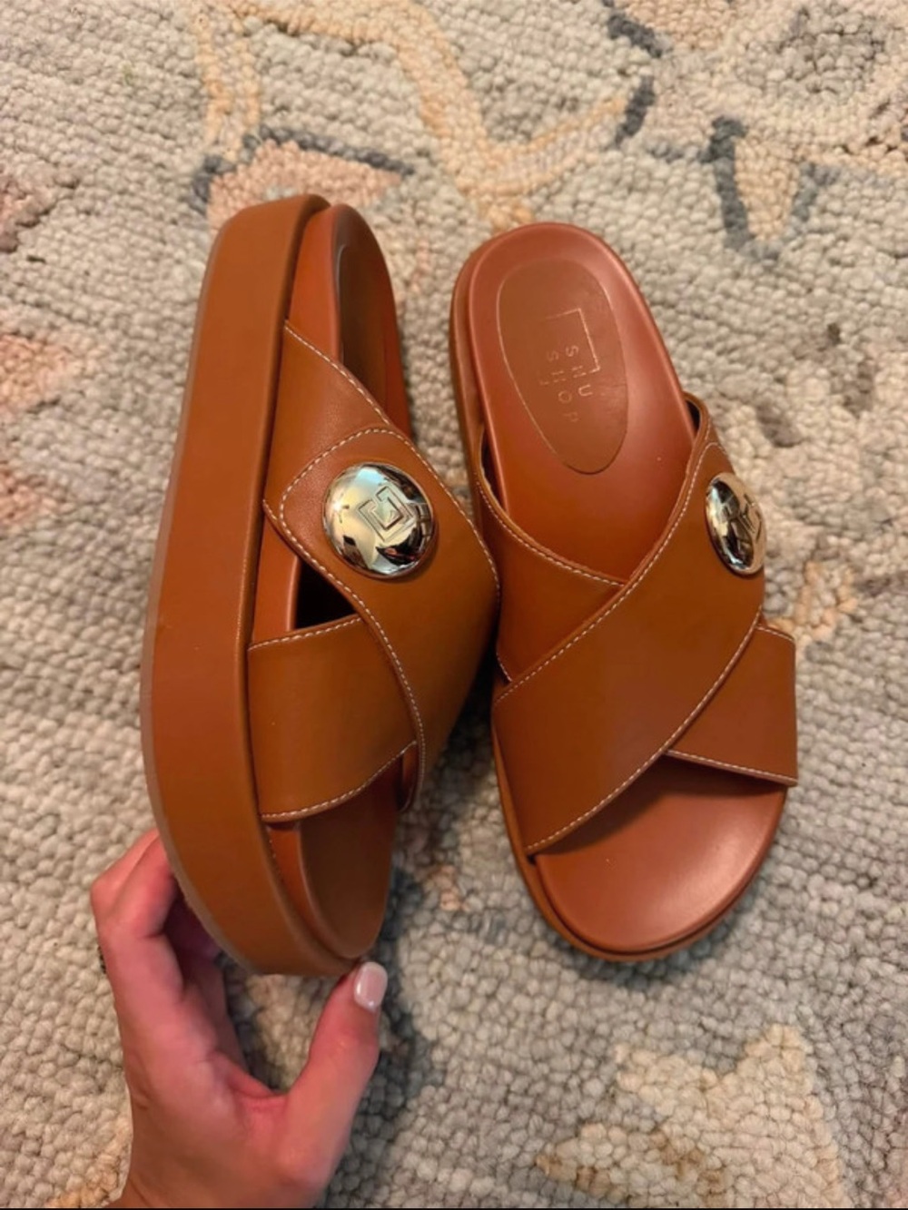 Stuart Weitzman Cognac Crisscross Leather Platform Slide with Gold Emblem
